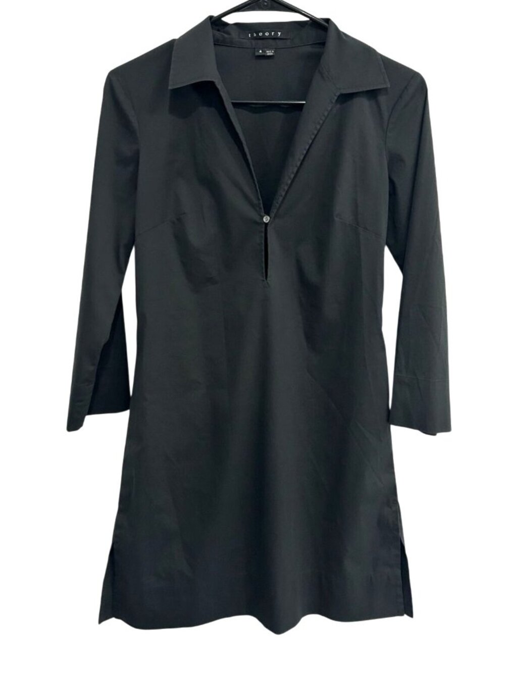 Theory 4 Black Collared Deep V-Neck Tunic Shirt Mini Dress Minimalist Clean Girl